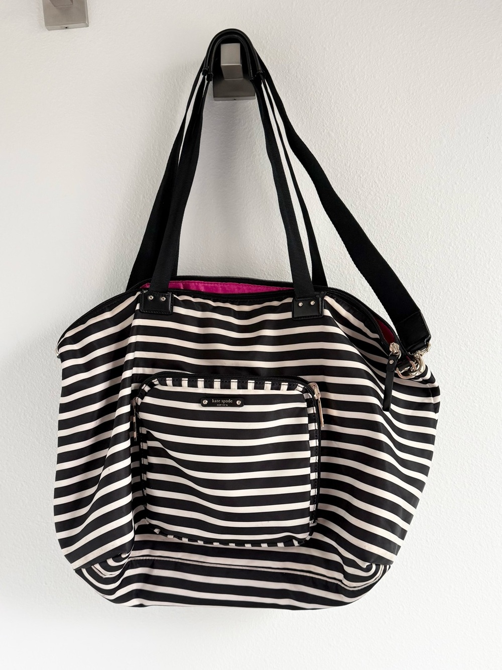 KATE SPADE Packable Travel Tote Weekender Black White Stripe Folding Bag